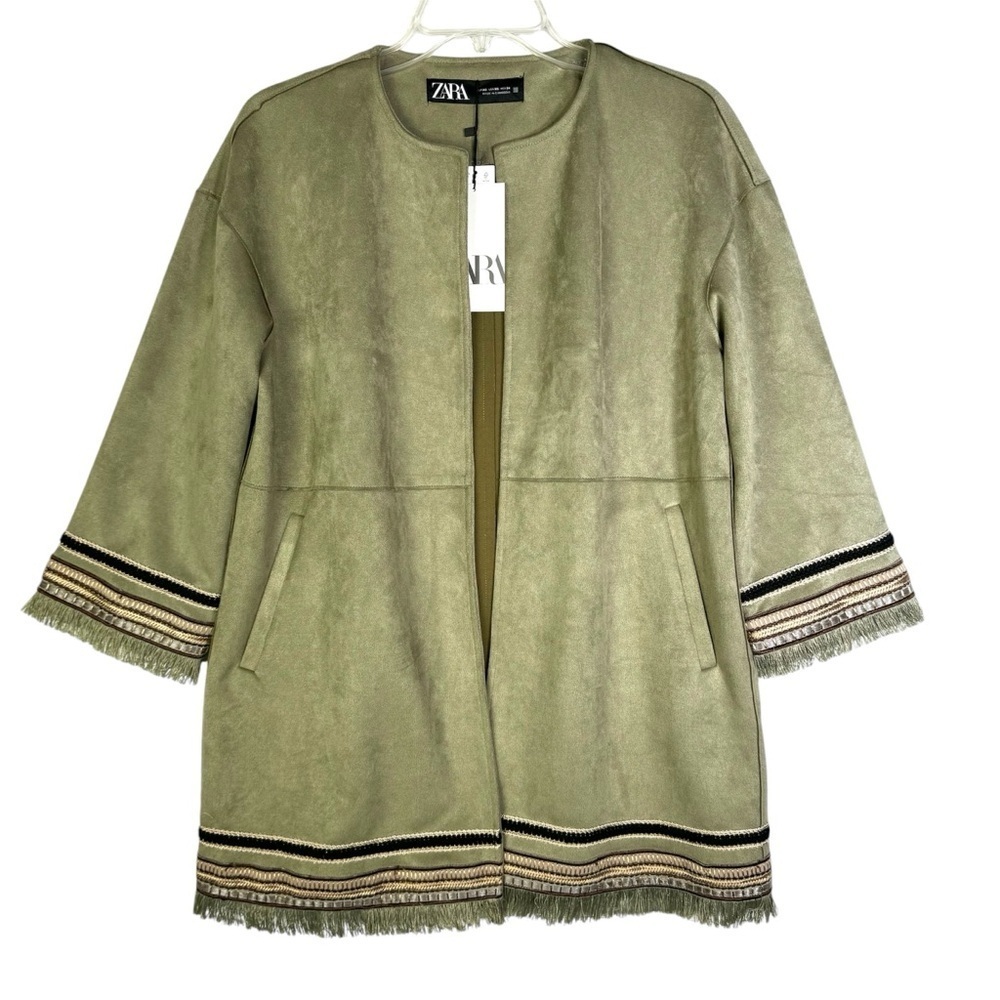 NWT ZARA Olive Green Faux Suede Long Jacket Embroidered Fringe Western Boho